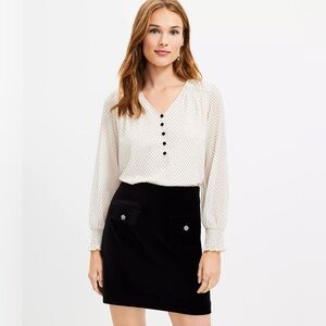 LOFT Velvet Dot Smocked Ruffle V-Neck Blouse